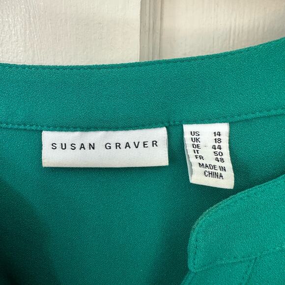Susan Graver Button Up Shirt Roll Tab Sleeve Green Top Womens Size 14 V Neck - Picture 2 of 7